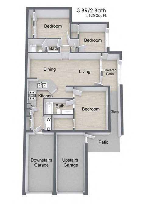 Floor plan for 3 beds, 2 baths, 1125 sqft